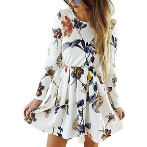 Floral Long Sleeve Swing Pleated A Line Mini Dress